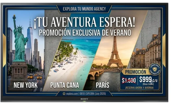 Pantalla de agencia de viajes con promociones a Nueva York, Punta Cana y París