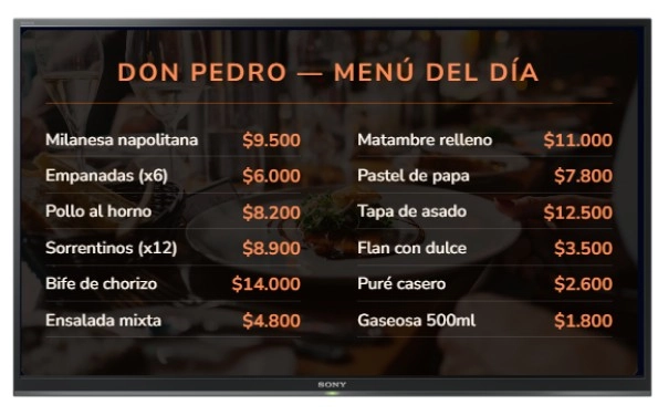 Pantalla de restaurante con el menú del día y precios por plato
