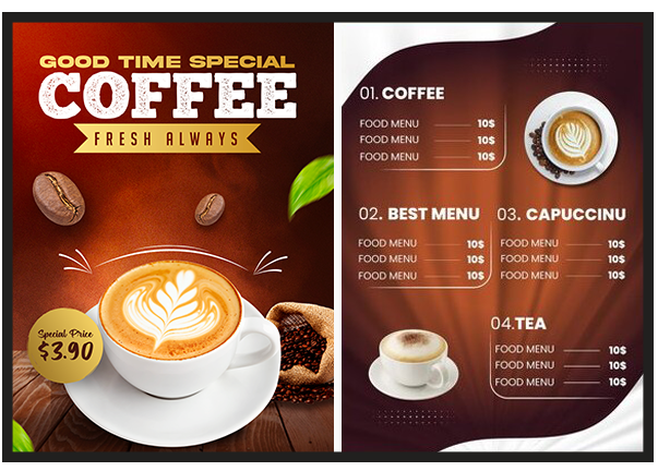 Dos pantallas mostrando el menú digital de una cafetería con productos y precios