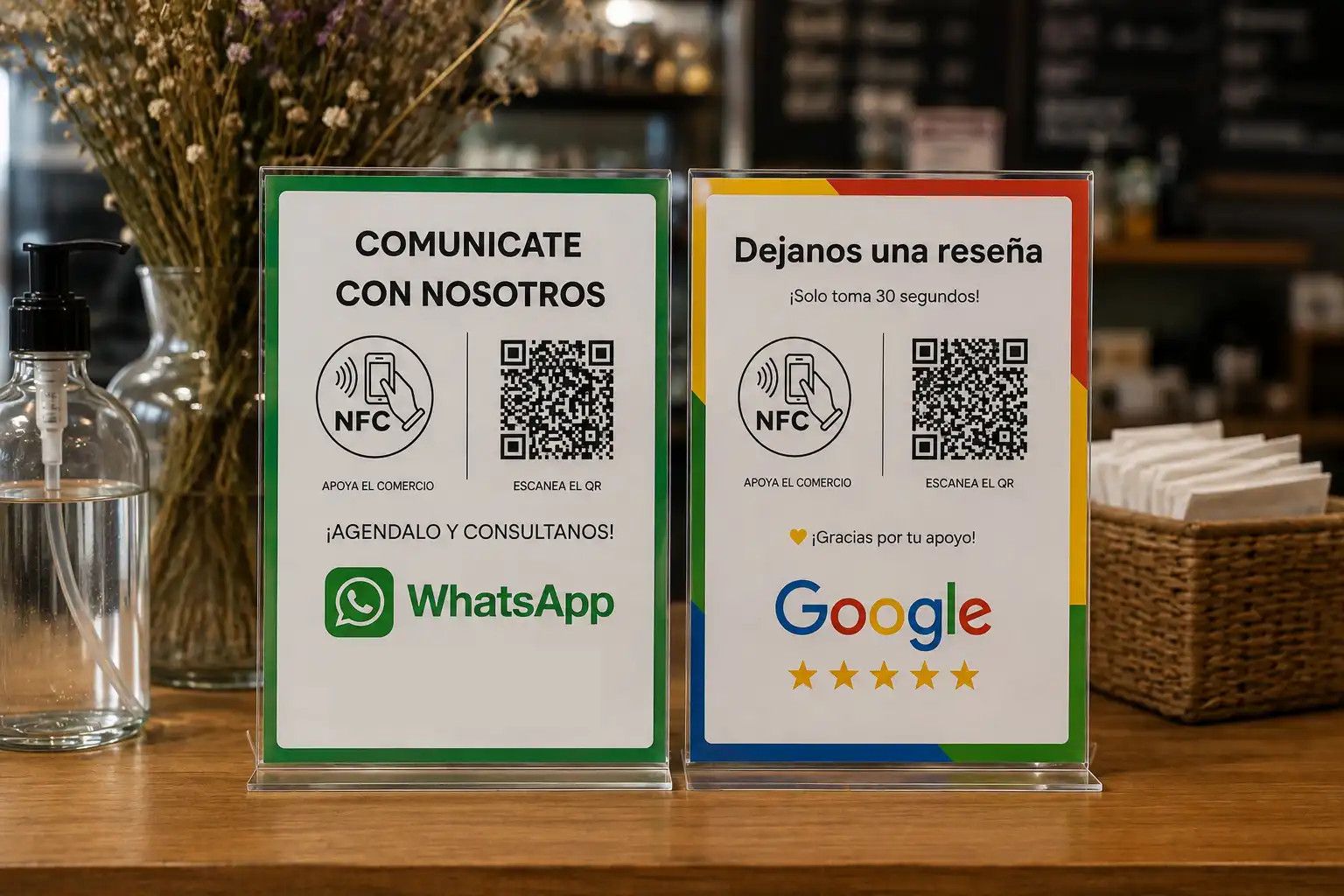 Soporte con código QR y chip NFC enfocado en el mostrador de un comercio