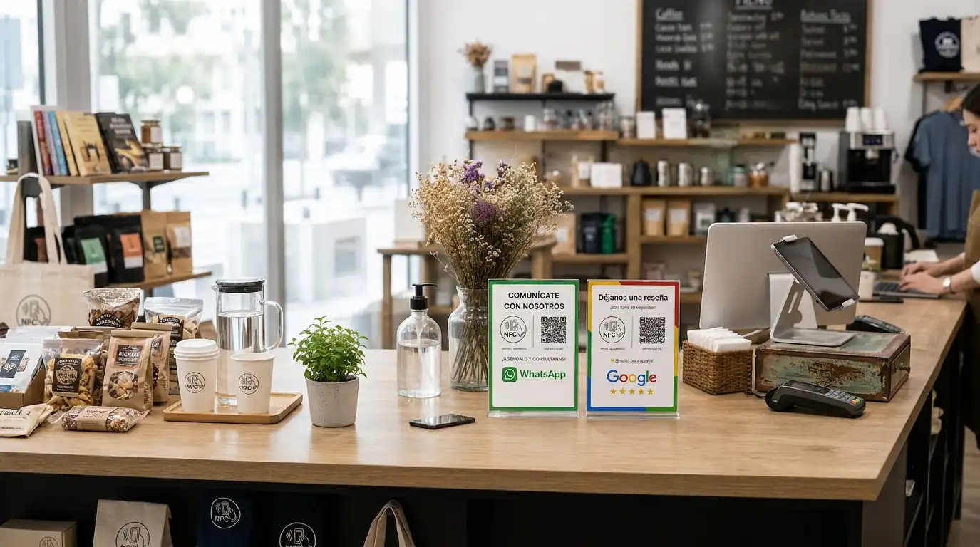 Soporte con código QR y chip NFC junto a la caja