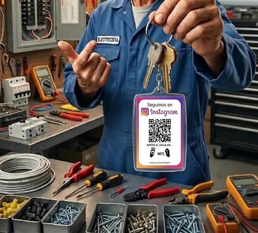 Trabajador que sostiene su llavero con el qr y nfc de instagram