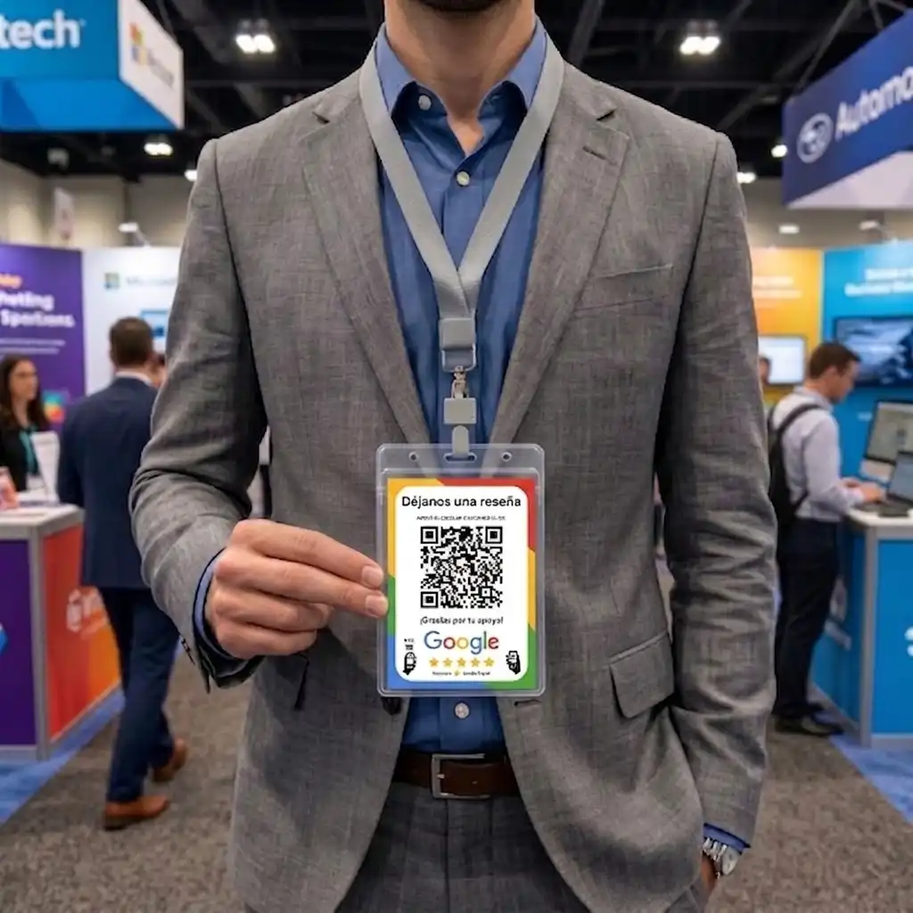 Tarjeta con chip NFC que lleva el expositor en una exposición