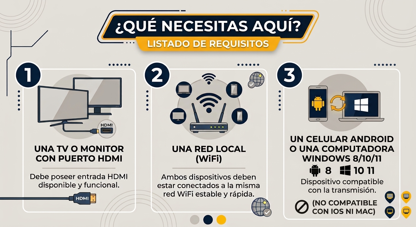 Televisor conectado por HDMI junto a un celular y una notebook